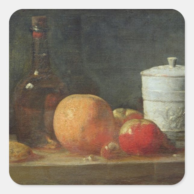 Stillleben mit Obst und Weinflasche Quadratischer Aufkleber (Vorderseite)