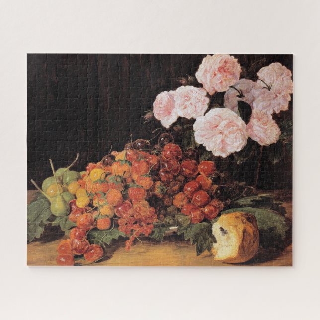 Stillleben mit Rose, Erdbeeren und Brot (Horizontal)