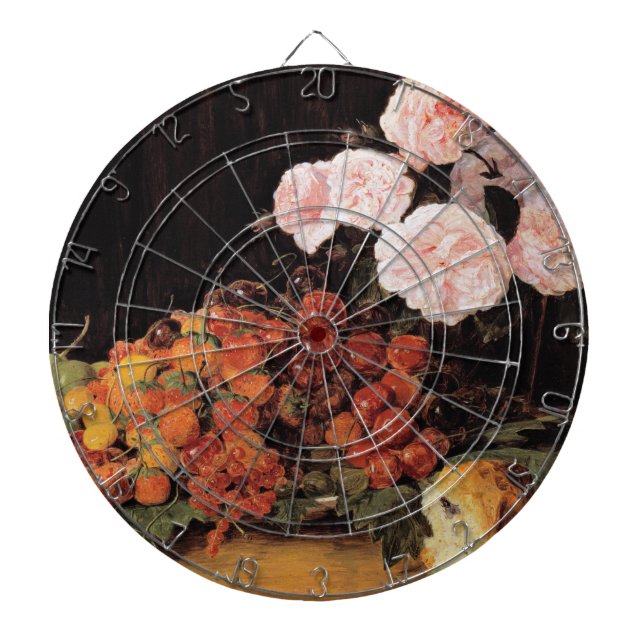 Stillleben mit Rose, Erdbeeren und Brot Dartscheibe (vorne)