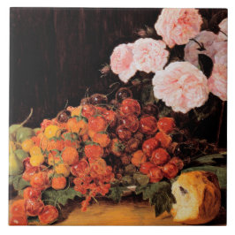 Stillleben mit Rose, Erdbeeren und Brot Fliese