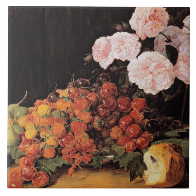 Stillleben mit Rose, Erdbeeren und Brot Fliese (Vorderseite)
