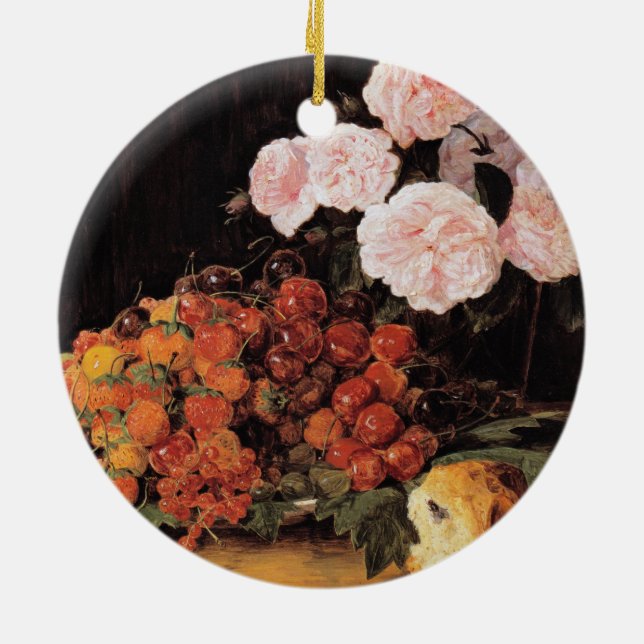 Stillleben mit Rose, Erdbeeren und Brot Keramik Ornament (Hinten)