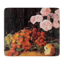 Stillleben mit Rose, Erdbeeren und Brot Schneidebrett