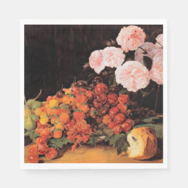 Stillleben mit Rose, Erdbeeren und Brot Serviette