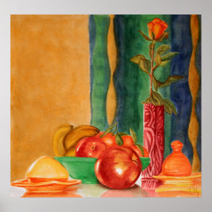 Stillleben mit Rose und Früchten Poster