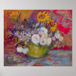 Stillleben mit Rose und Sonnenblumen von van Gogh Poster