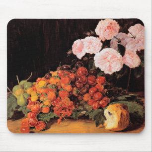 Stillleben mit Rosen, Erdbeeren und Brot Mousepad