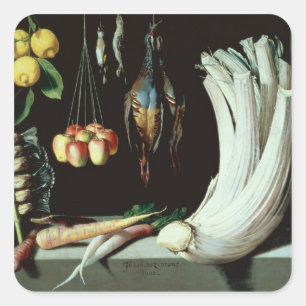 Stillleben mit toten Vögeln, Frucht und Quadratischer Aufkleber