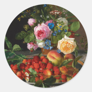 Stillleben Rosen und Erdbeeren von Otto Ottesen Runder Aufkleber