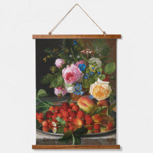 Stillleben Rosen und Erdbeeren von Otto Ottesen Wandteppich Mit Holzrahmen