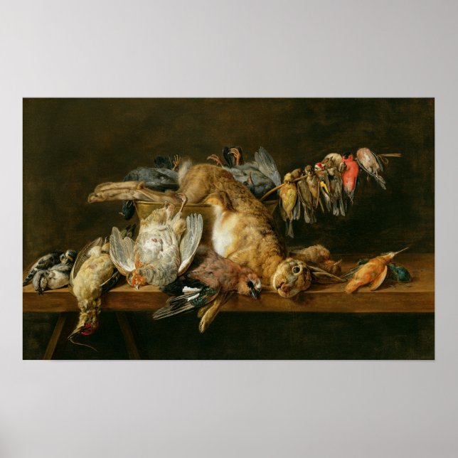 Stillleben toter Vögel und Hasen auf dem Tisch Poster (Vorne)