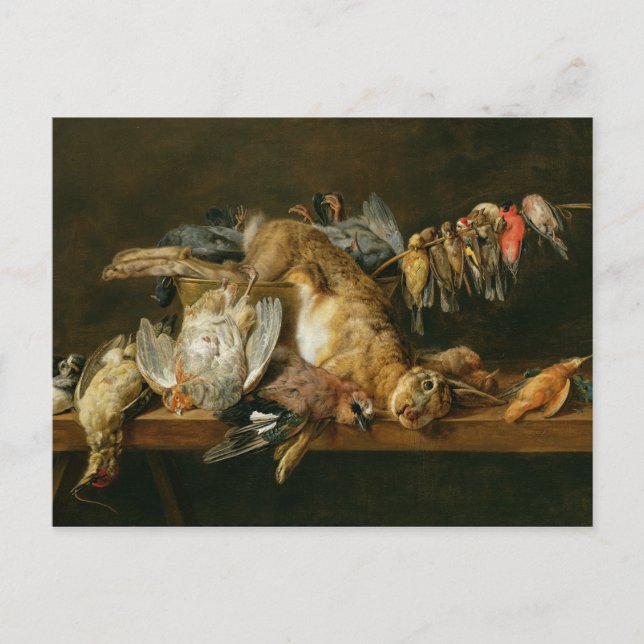 Stillleben toter Vögel und Hasen auf dem Tisch Postkarte (Vorderseite)