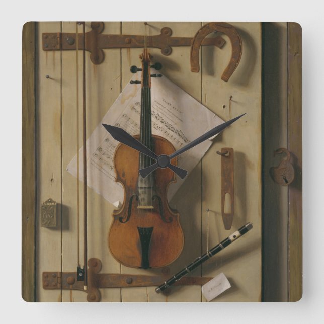Stillleben, Violine und Musik Quadratische Wanduhr (Vorderseite)