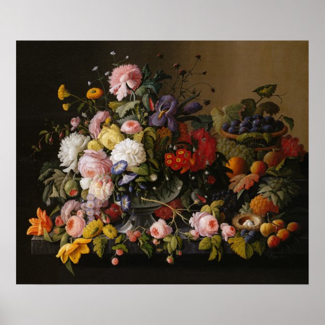 Stillleben von Blume und Obst von Severin Roesen Poster (Vorne)