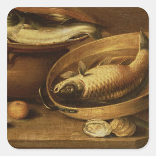 Stillleben von Fischen und Zitronen Quadratischer Aufkleber