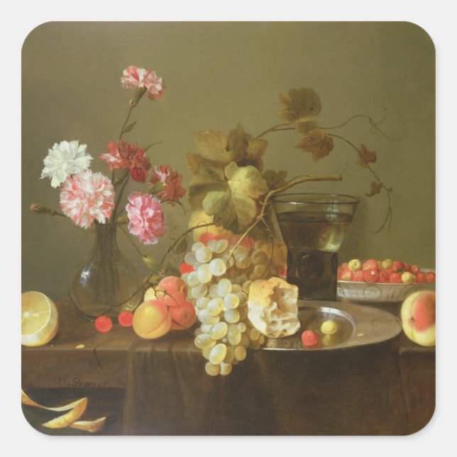 Stillleben von Obst und Blume Quadratischer Aufkleber (Vorderseite)