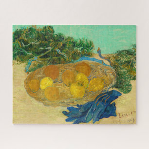 Stillleben von Orangen und Zitronen mit blauen Han
