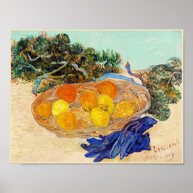 Stillleben von Orangen und Zitronen mit blauen Han Poster (Vorne)