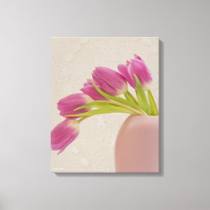 Stillleben von rosa Tulpen und Spitzen-Leinwand Leinwanddruck