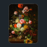 Stillleben von Rose, Tulpen, einer Sonnenblume, 17 Magnet<br><div class="desc">Rachel Ruysch - Stillleben von Rose, Tulpen, einer Sonnenblume und anderen Blume in einer Glasvase mit einer Biene, einem Schmetterling und anderen Insekten auf einem Marmorkamm, 1710. Rachel Ruysch (1664-1750) war ein niederländischer Stillleben-Maler aus den nördlichen Niederlanden.</div>