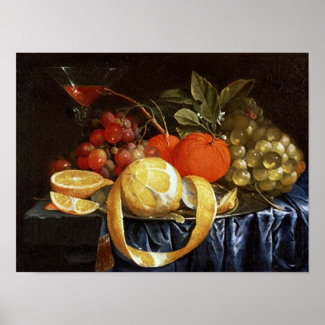 Stillleben von Trauben, Orangen und geschältem Zit Poster (Vorne)