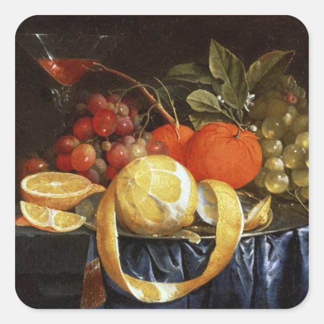 Stillleben von Trauben, Orangen und geschältem Zit Quadratischer Aufkleber (Vorderseite)
