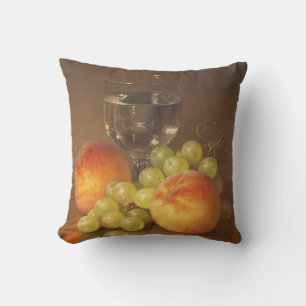 Stillleben, Wineglass, zwei Pfirsiche, Obst und We Kissen