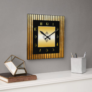 Stilquadratische Uhr im Gold- und Schwarz-Deko-Sti