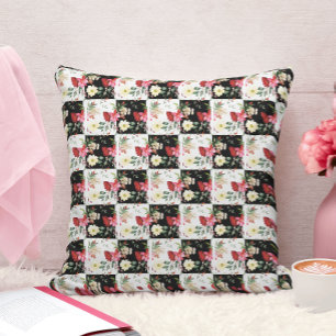 Stilsam rosa floral schwarz-weiß kariert kissen