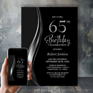 Stilsame schwarze und silberne 65. Geburtstagsfeie Einladung