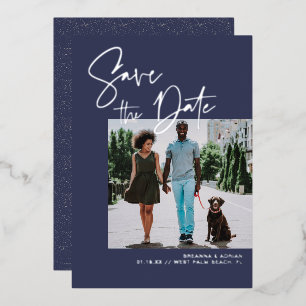 Stilschrift   Navy & Silver Wedding Foto Folieneinladung