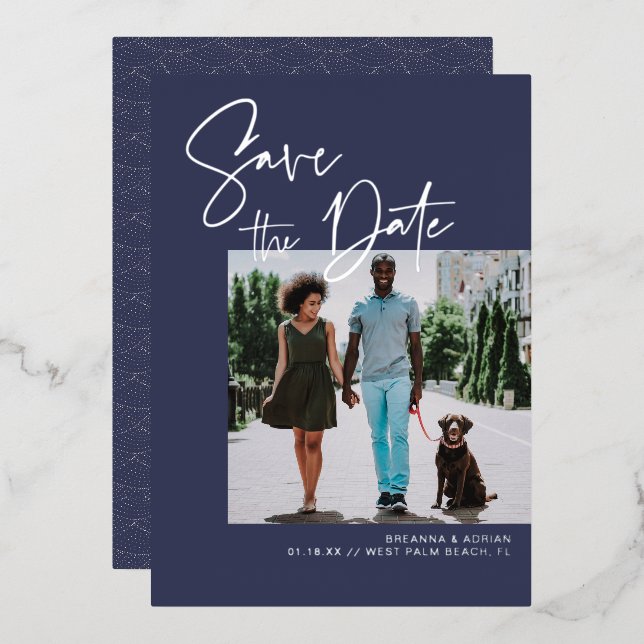 Stilschrift | Navy & Silver Wedding Foto Folieneinladung (Vorderseite/Rückseite)