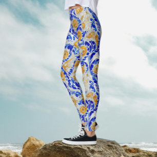 Stilsich blaue gelbe Sonnenblume Arabeske Wasserfa Leggings