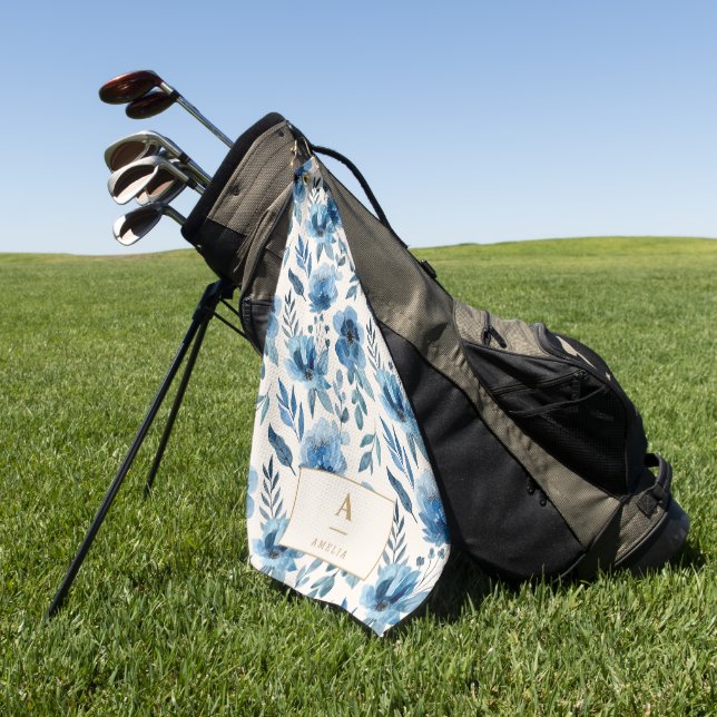 Stilsich blaue Wasserfarben-Blumen-Monogramm Golfhandtuch (Gras)
