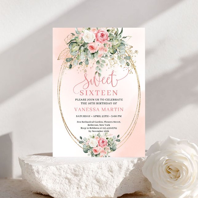 Stilsicher Rosen in Blush-Tönen mit goldenem Schri Einladung (Stylish Blush Roses Gold Script 16th Birthday Invitation)
