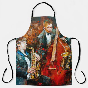 Stilsichere Jazzband, die auf der Bühne Musik spie Schürze