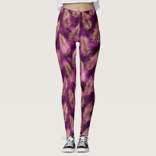 Stilsvolle lila und goldene tropische Dschungelblä Leggings