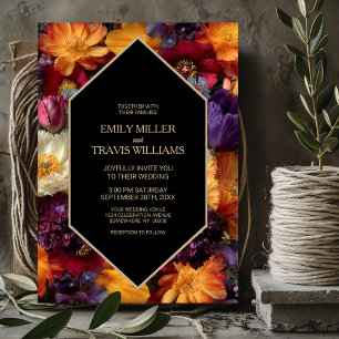 Stilsvolle lila und orangefarbene florale schwarze einladung