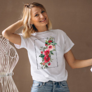 Stilsvolle Vintage-Rosa- und rote Blumen-Aquarell- T-Shirt