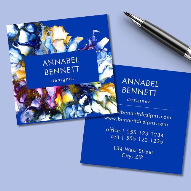 Stilvoll abstraktes Blau Quadratische Visitenkarte (Blue abstract art square business card.  Edit with your own details online.)