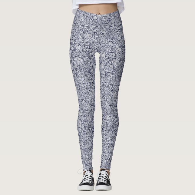 Stilvoll Abstraktes botanisches Muster Blau/Grau Leggings (Vorderseite)