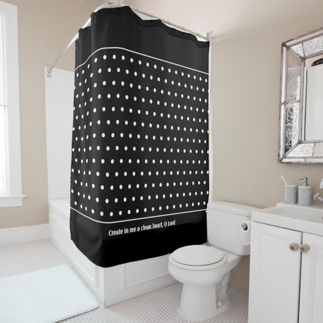Stilvoll anpassbarer WHITE Polka Dot Black Duschvorhang (Beispiel)
