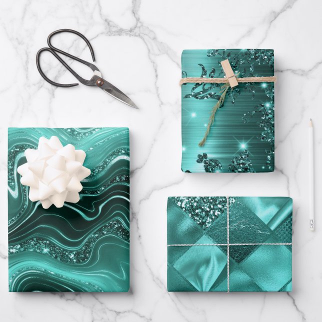 Stilvoll Aquamariner Glitzer Marmor, Diamanten und Geschenkpapier Set (Vorderseite)