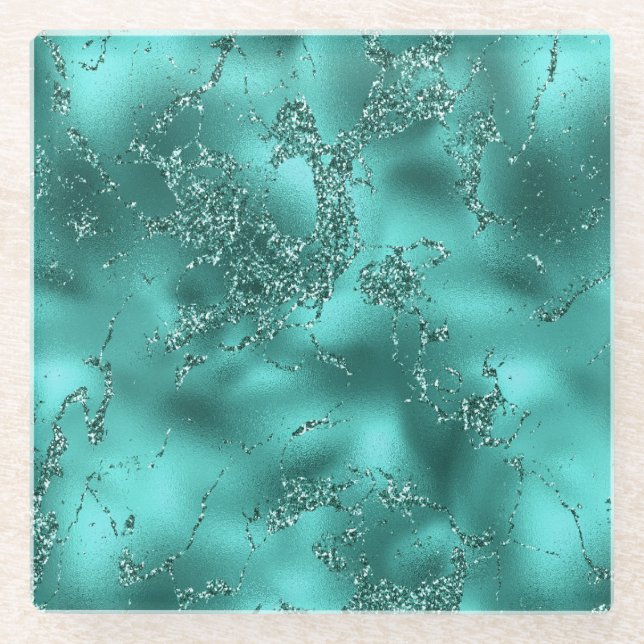 Stilvoll Aquamariner Shimmer-Glitzer- & Foil-Marmo Glasuntersetzer (Vorderseite)