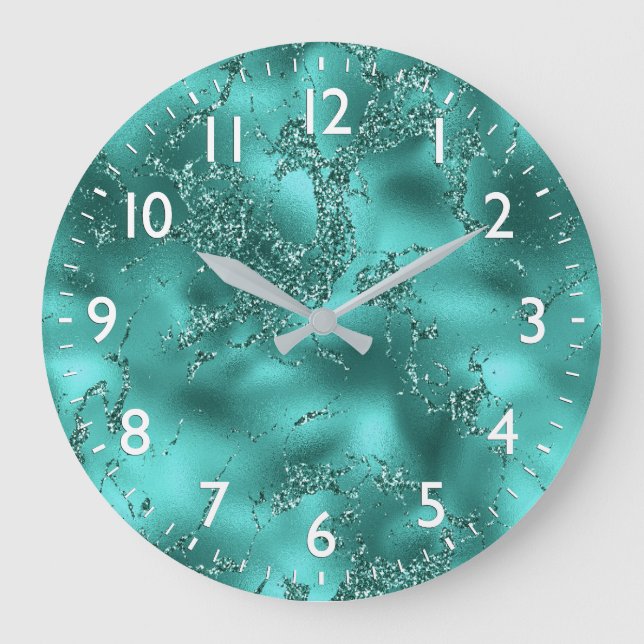 Stilvoll Aquamariner Shimmer-Glitzer- & Foil-Marmo Große Wanduhr (Vorderseite)