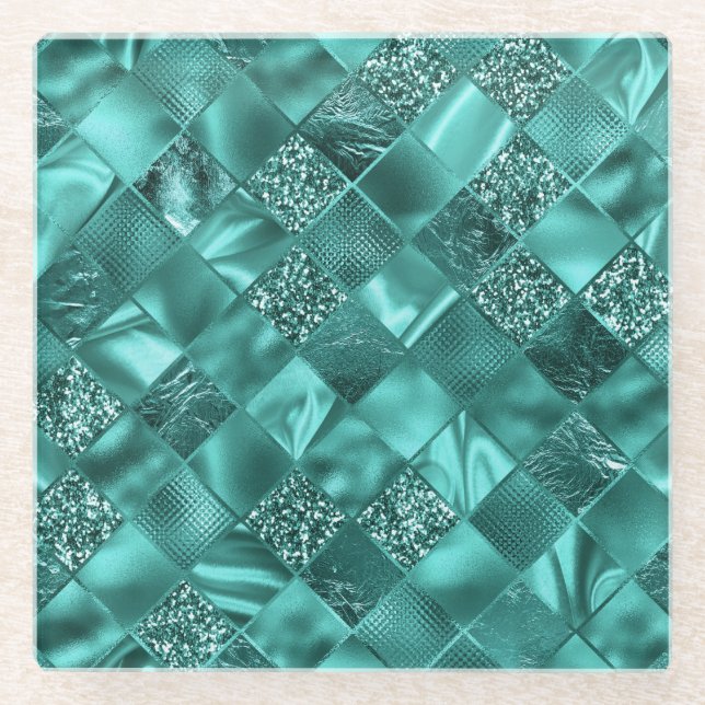 Stilvoll Aquamariner Shimmer Glitzer und Foil Diam Glasuntersetzer (Vorderseite)