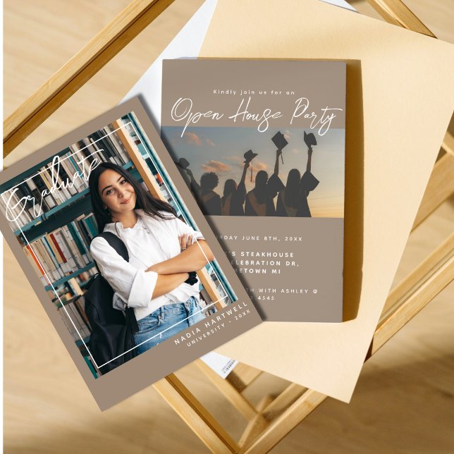 Stilvoll Beige | Zwei Foto Abschluss Open House Einladung (Von Creator hochgeladen)