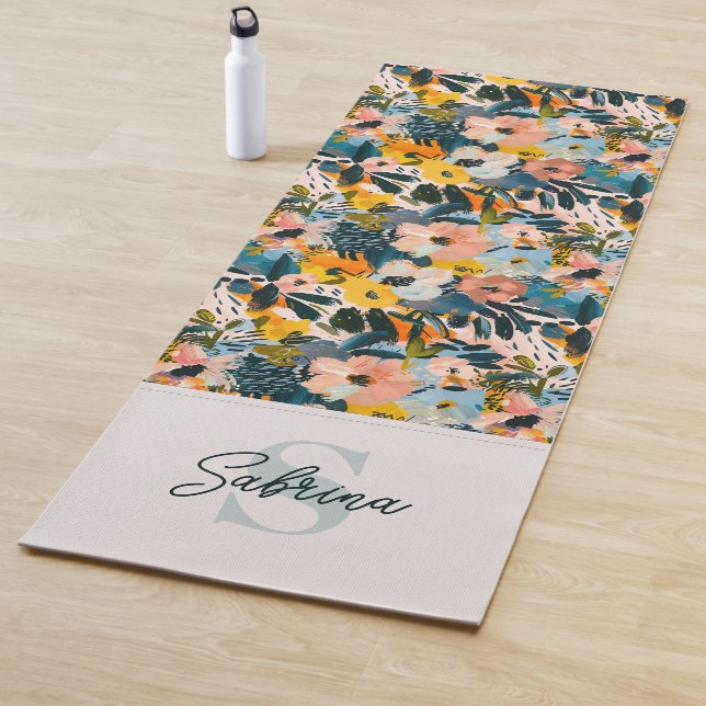 Stilvoll Blau-Rosa-Monogramm für Abstrakte Blumenb Yogamatte (Beispiel)