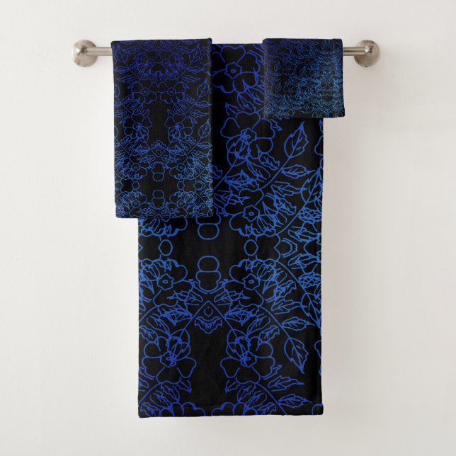 Stilvoll blaues Blumenmuster auf schwarz Badhandtuch Set (Insitu)