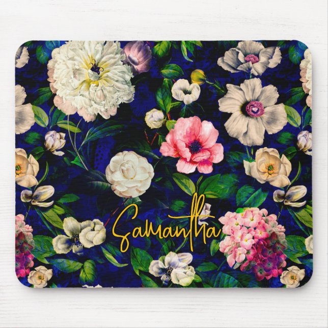 Stilvoll blorrosa Blume blaues Monogramm Muster Mousepad (Vorne)